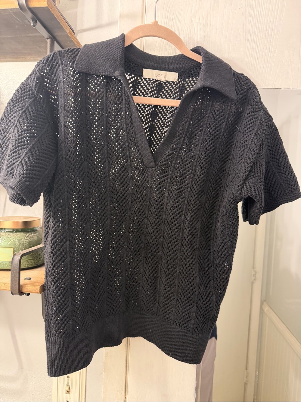 LOFT Black Short-Sleeve V-Neck Openwork Sweater